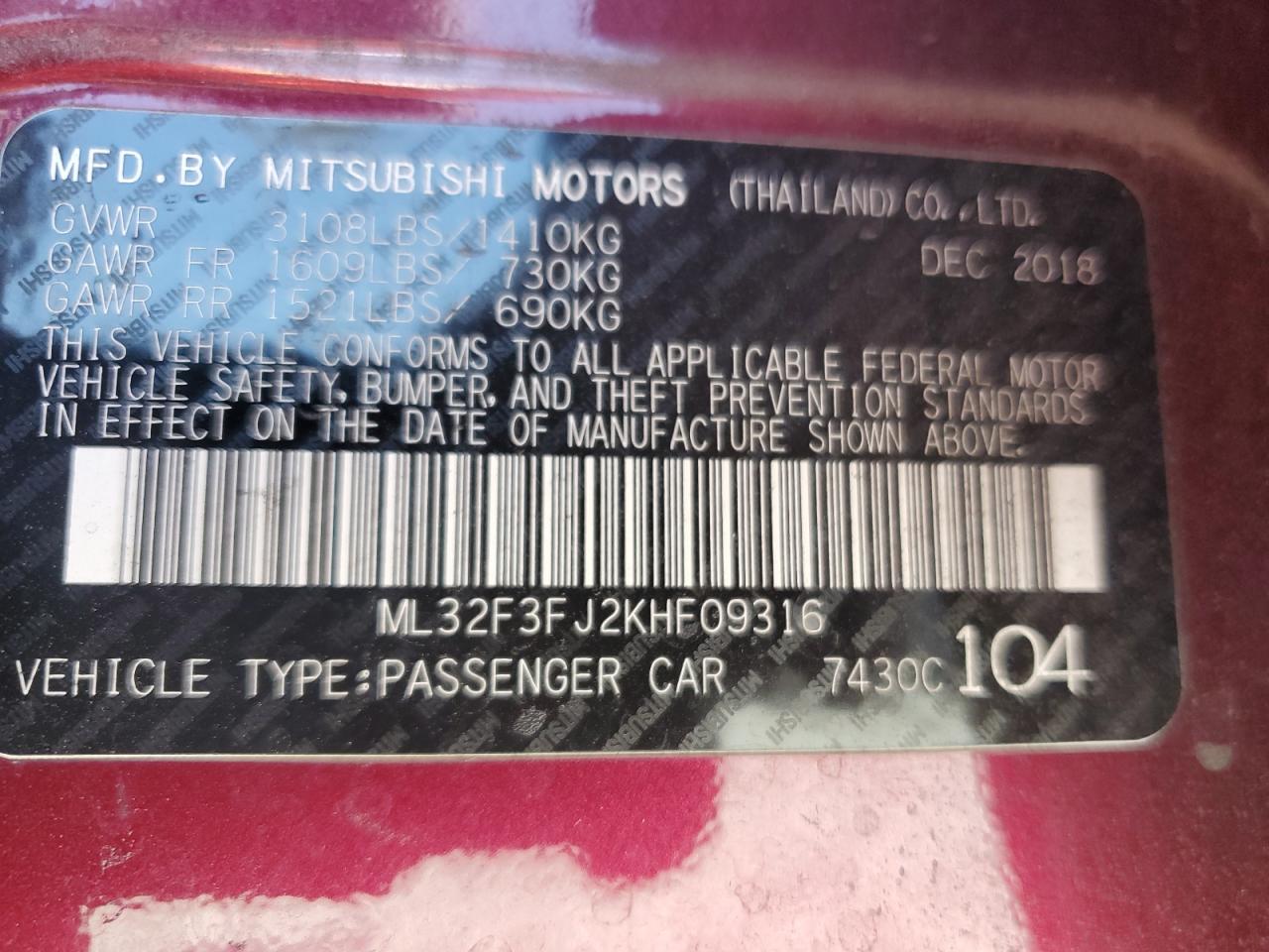 2019 Mitsubishi Mirage G4 Es VIN: ML32F3FJ2KHF09316 Lot: 68042285