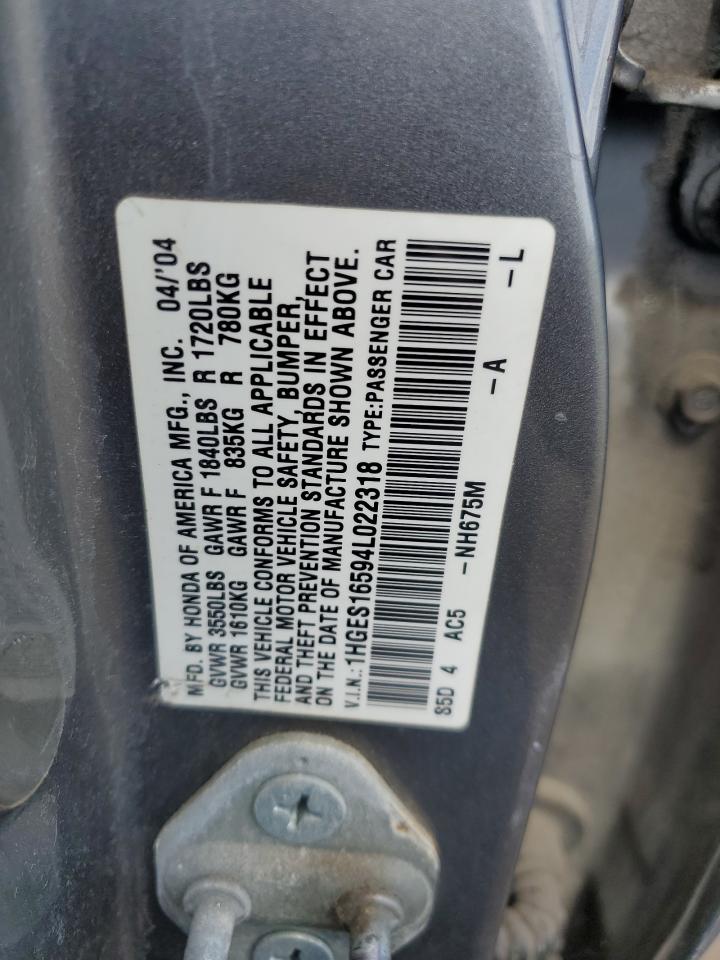 2004 Honda Civic Lx VIN: 1HGES16594L022318 Lot: 70782075