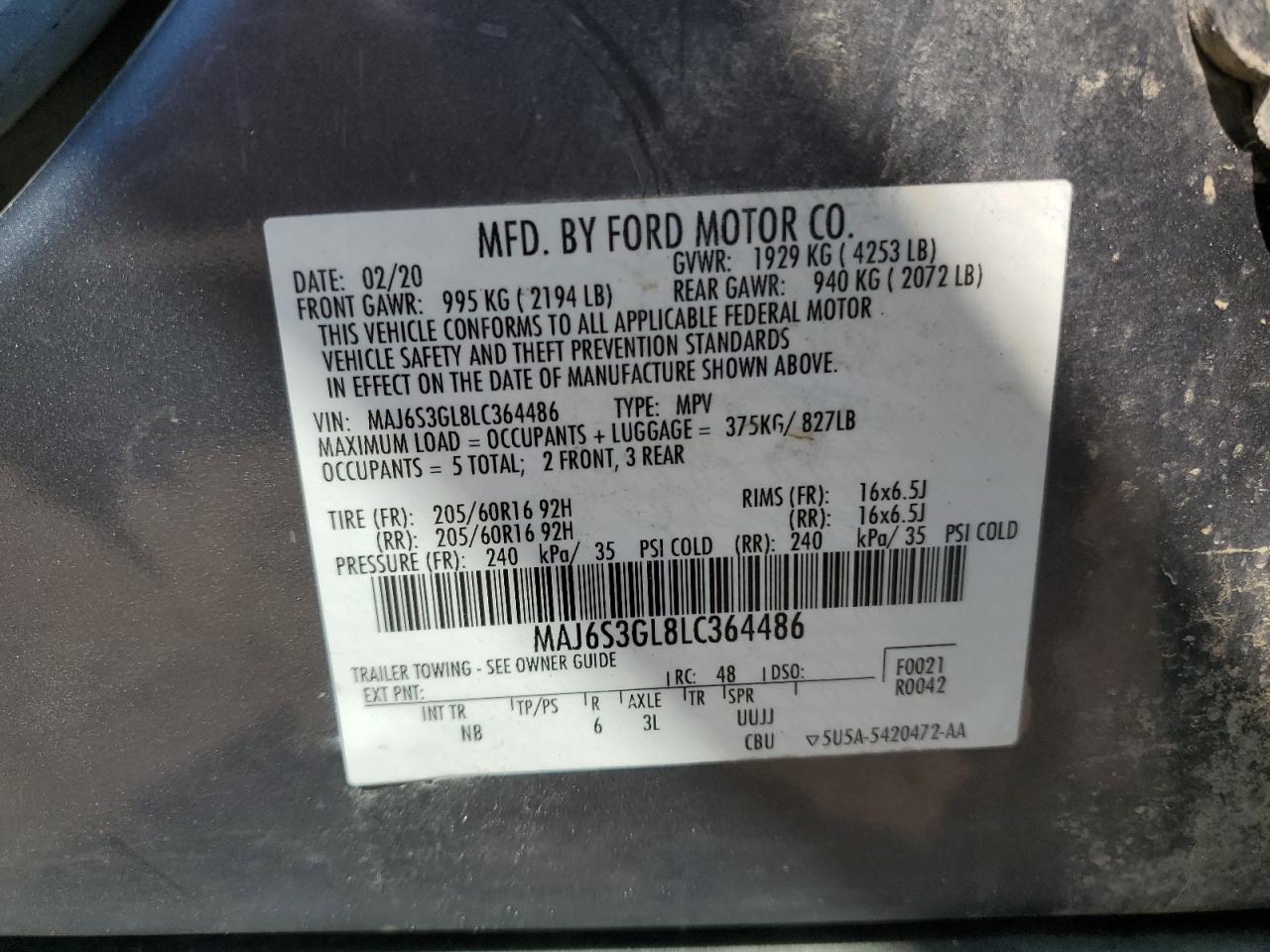 2020 Ford Ecosport Se VIN: MAJ6S3GL8LC364486 Lot: 67245125