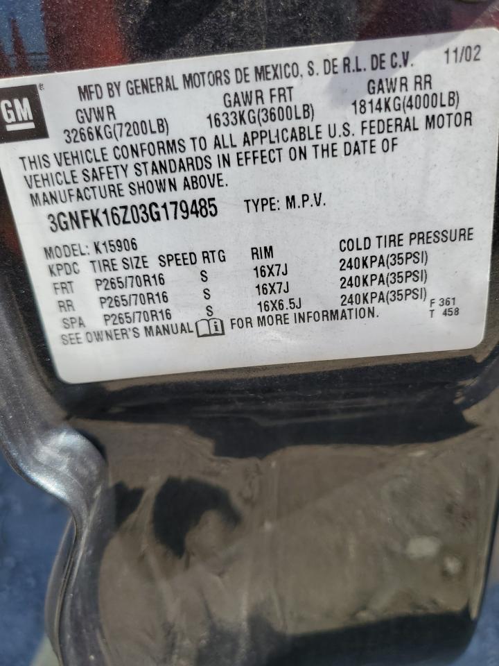 2003 Chevrolet Suburban K1500 VIN: 3GNFK16Z03G179485 Lot: 70593555