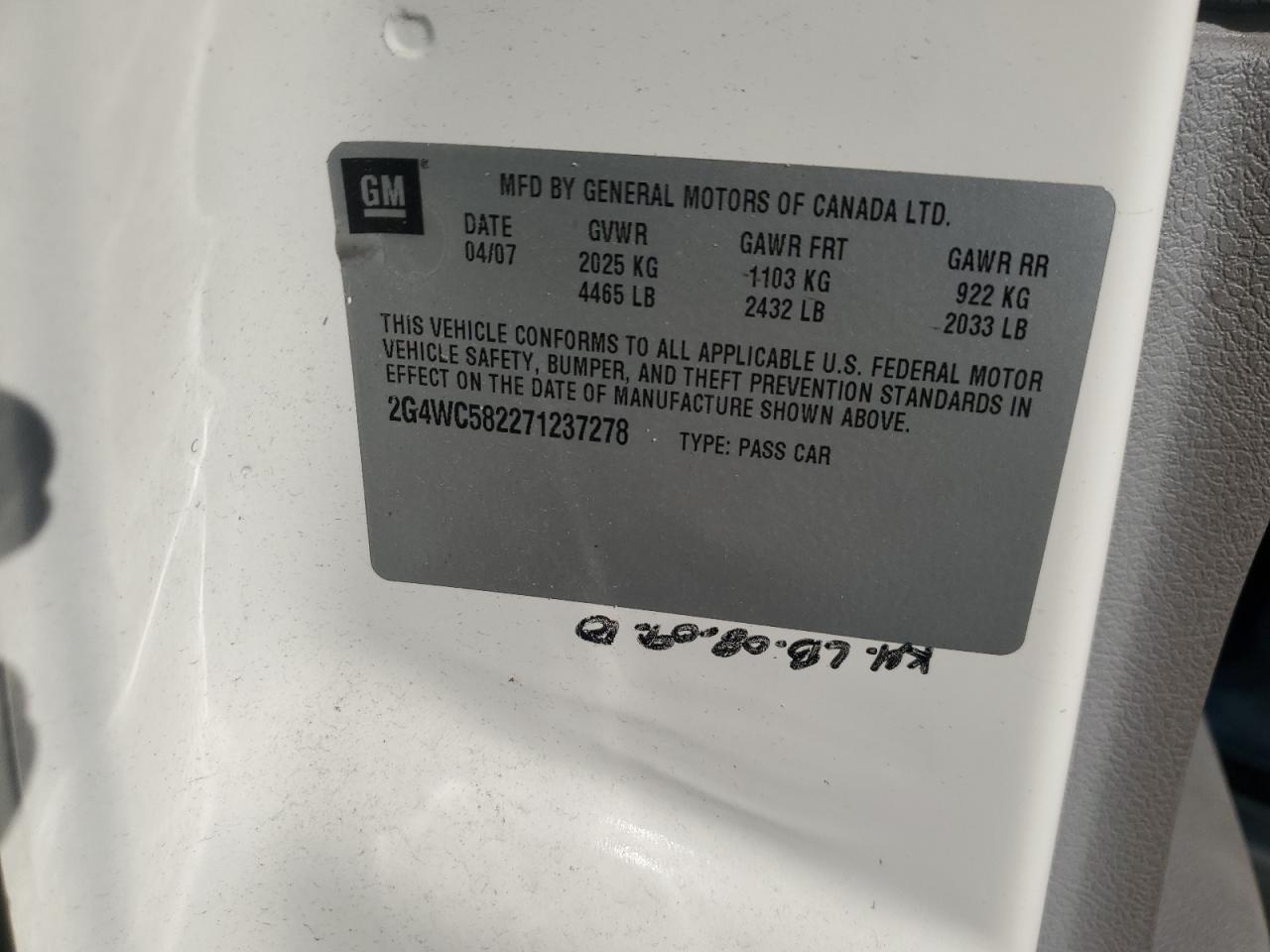 2007 Buick Lacrosse Cx VIN: 2G4WC582271237278 Lot: 70143415