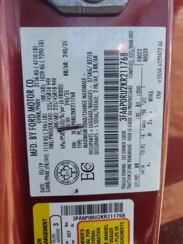 2019 Ford Fusion Titanium VIN: 3FA6P0RU2KR211768 Lot: 69218405