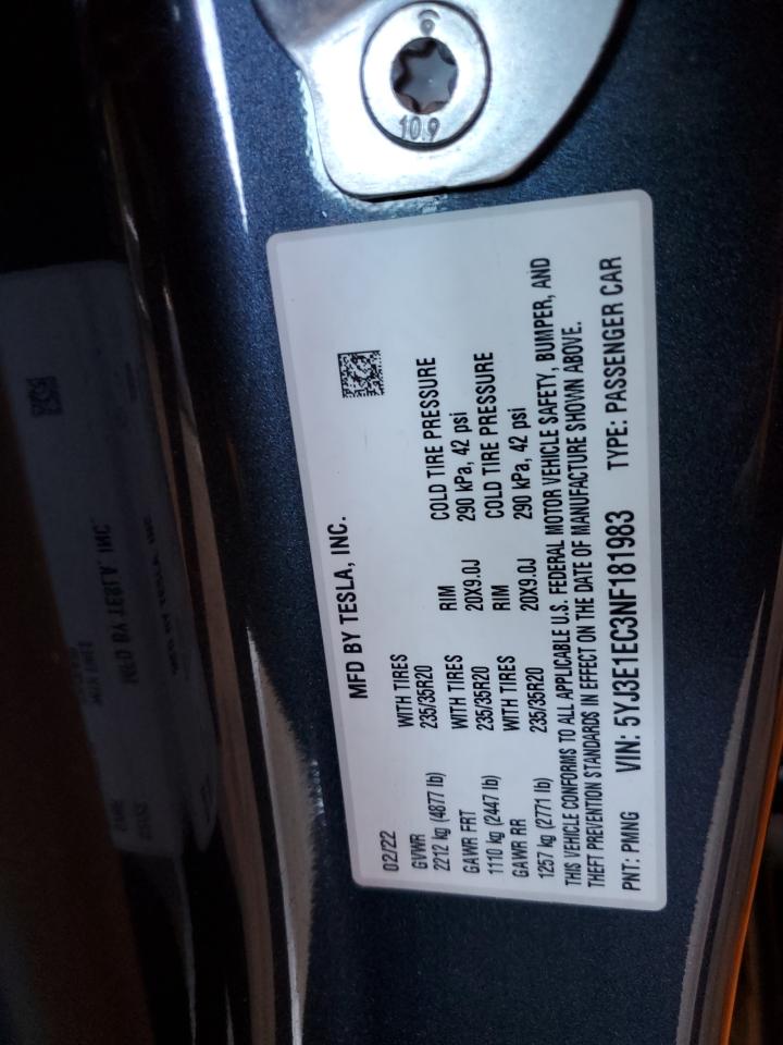 2022 Tesla Model 3 VIN: 5YJ3E1EC3NF181983 Lot: 69008665