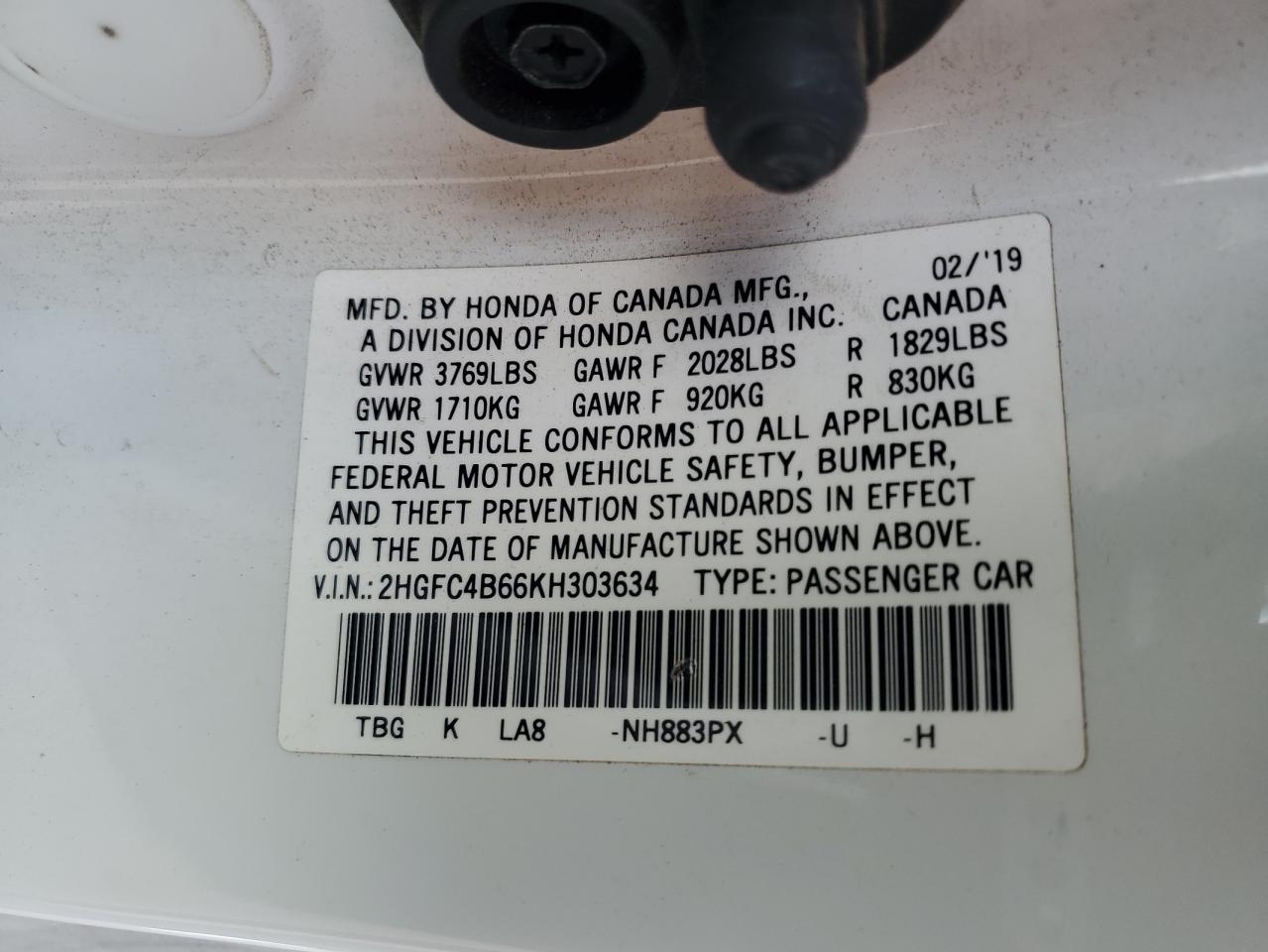 2019 Honda Civic Lx VIN: 2HGFC4B66KH303634 Lot: 70233665