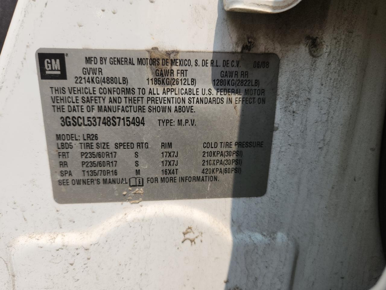 2008 Saturn Vue Xr VIN: 3GSCL53748S715494 Lot: 67427825