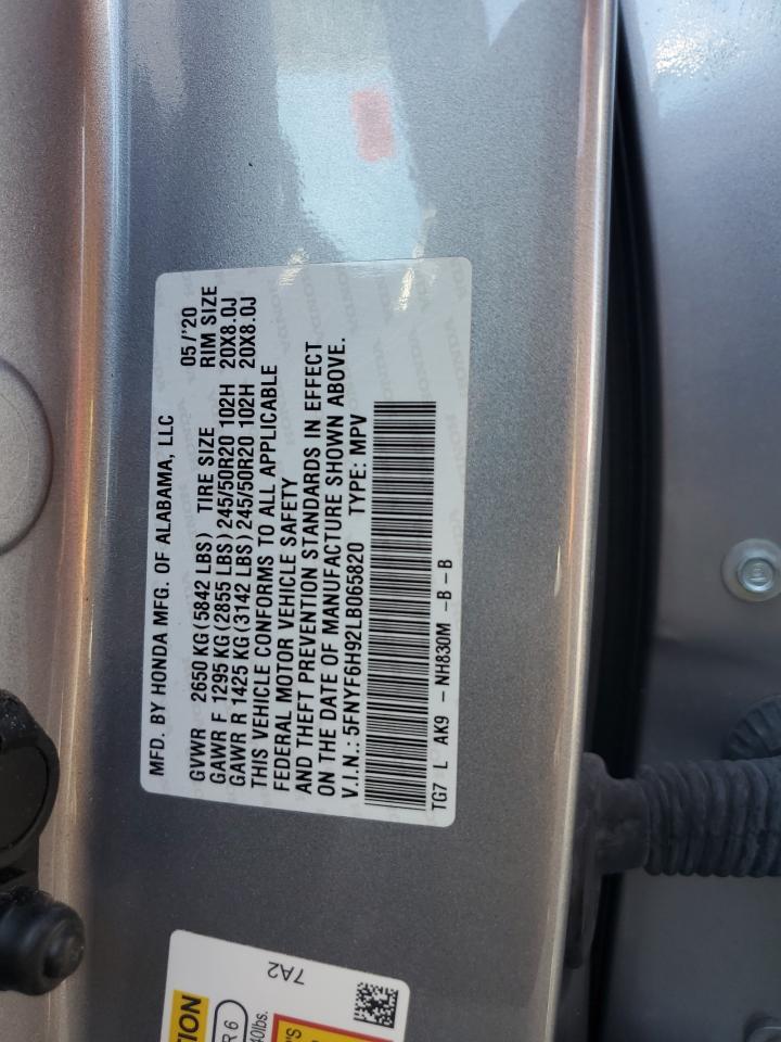 2020 Honda Pilot Touring VIN: 5FNYF6H92LB065820 Lot: 70042265