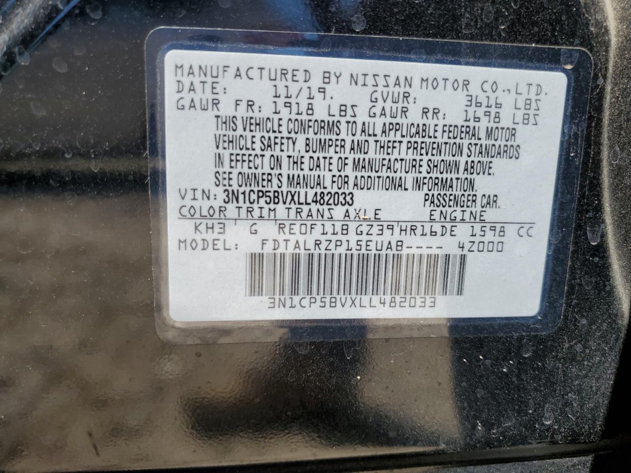 2020 Nissan Kicks S VIN: 3N1CP5BVXLL482033 Lot: 70589955