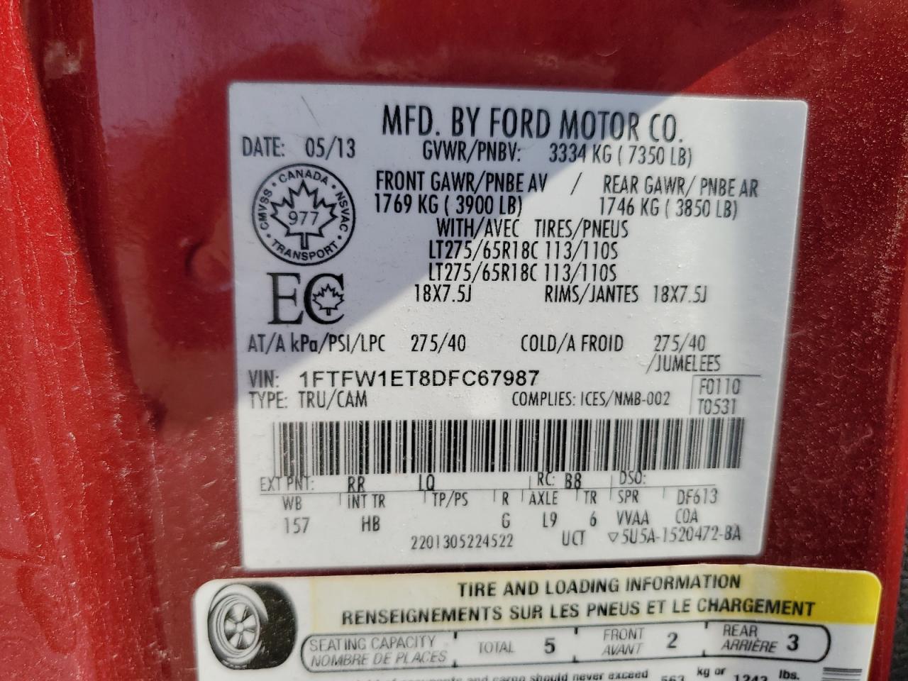 2013 Ford F150 Supercrew VIN: 1FTFW1ET8DFC67987 Lot: 67734615