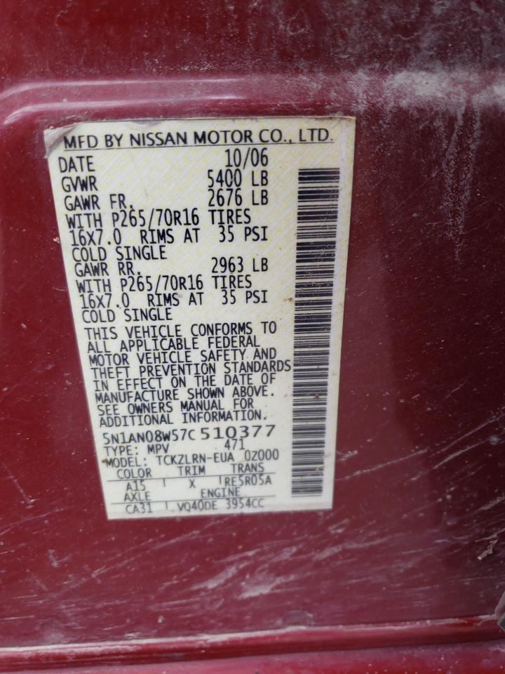 2007 Nissan Xterra Off Road VIN: 5N1AN08W57C510377 Lot: 68246775