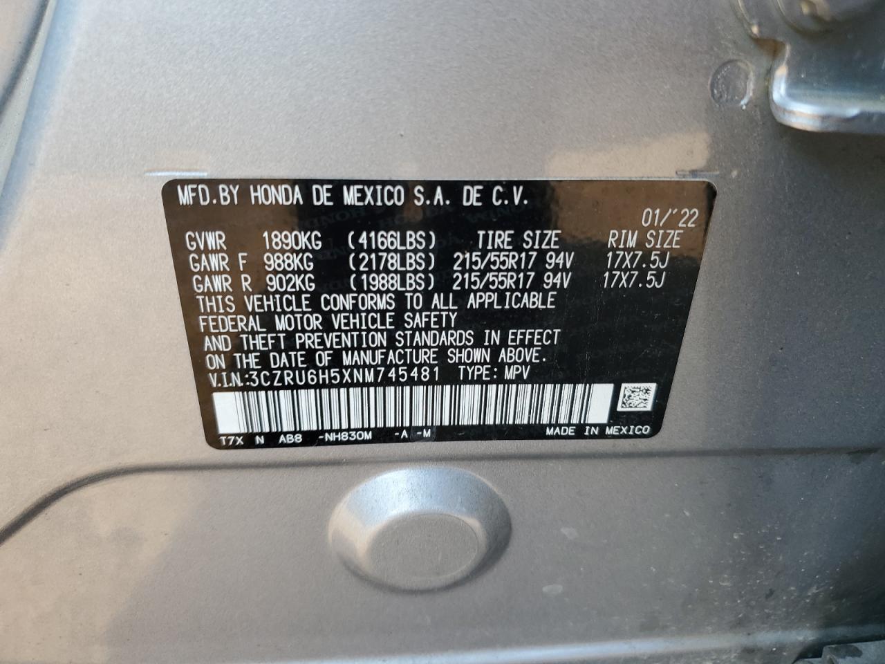 2022 Honda Hr-V Ex VIN: 3CZRU6H5XNM745481 Lot: 67625885