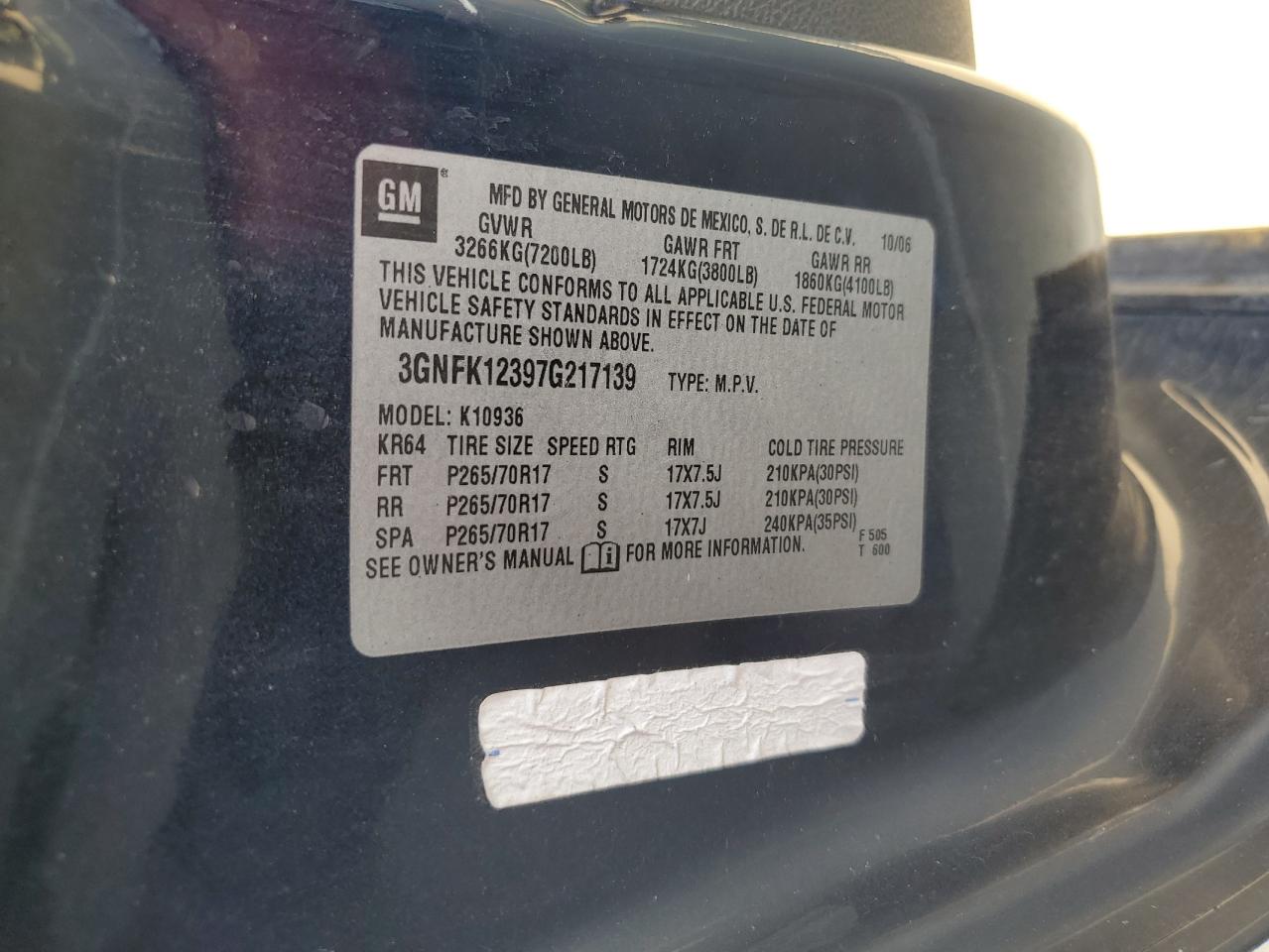 2007 Chevrolet Avalanche K1500 VIN: 3GNFK12397G217139 Lot: 68709735