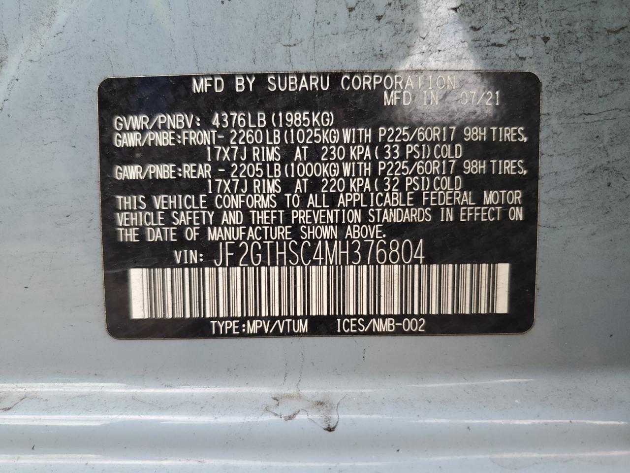 2021 Subaru Crosstrek Sport VIN: JF2GTHSC4MH376804 Lot: 69848765