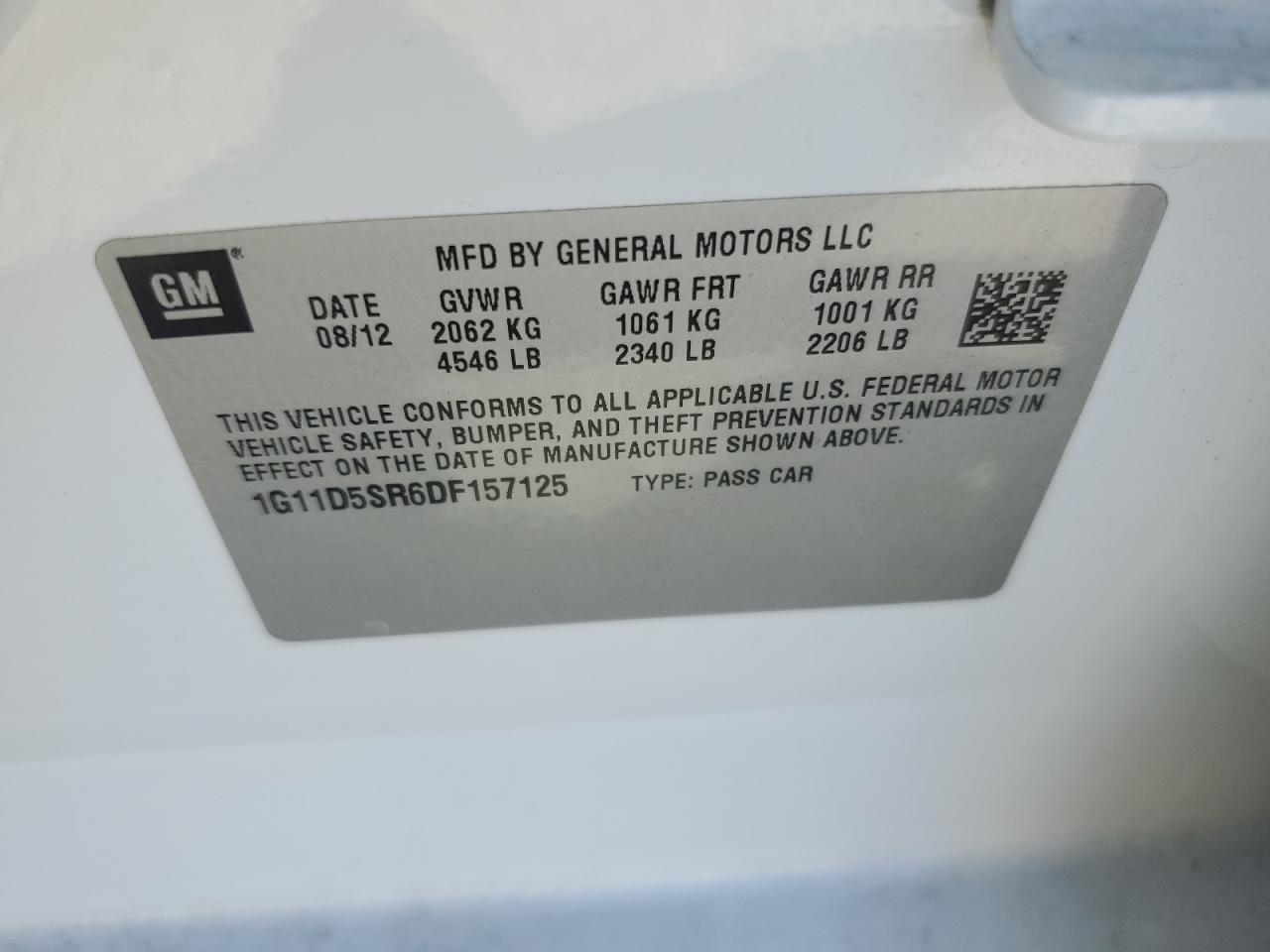 2013 Chevrolet Malibu 1Lt VIN: 1G11D5SR6DF157125 Lot: 71012785