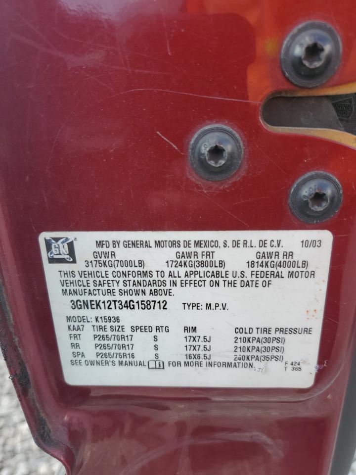 2004 Chevrolet Avalanche K1500 VIN: 3GNEK12T34G158712 Lot: 68171495