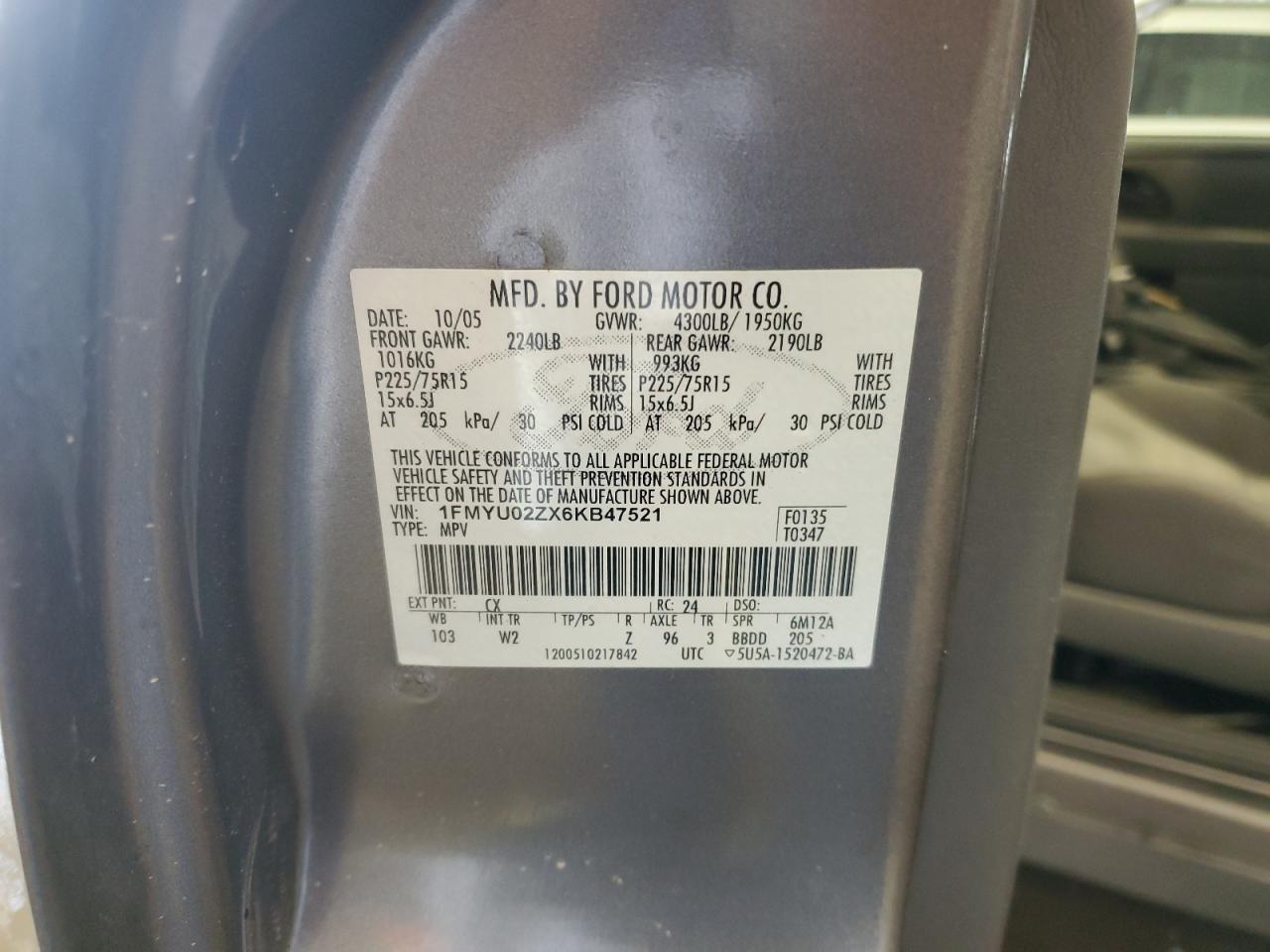 2006 Ford Escape Xls VIN: 1FMYU02ZX6KB47521 Lot: 68015055