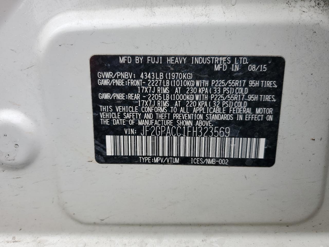 2015 Subaru Xv Crosstrek 2.0 Premium VIN: JF2GPACC1FH323569 Lot: 70450725