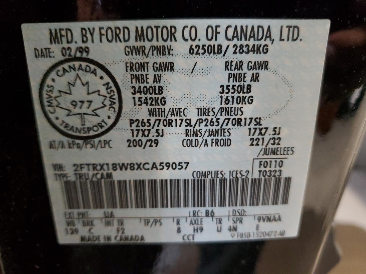 1999 Ford F150 VIN: 2FTRX18W8XCA59057 Lot: 67566665