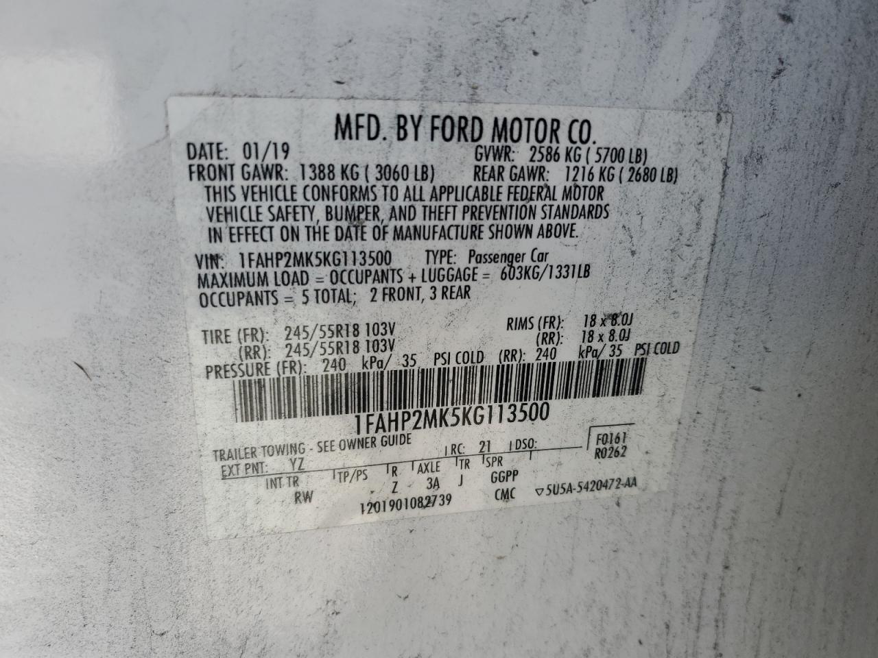 2019 Ford Taurus Police Interceptor VIN: 1FAHP2MK5KG113500 Lot: 70475435