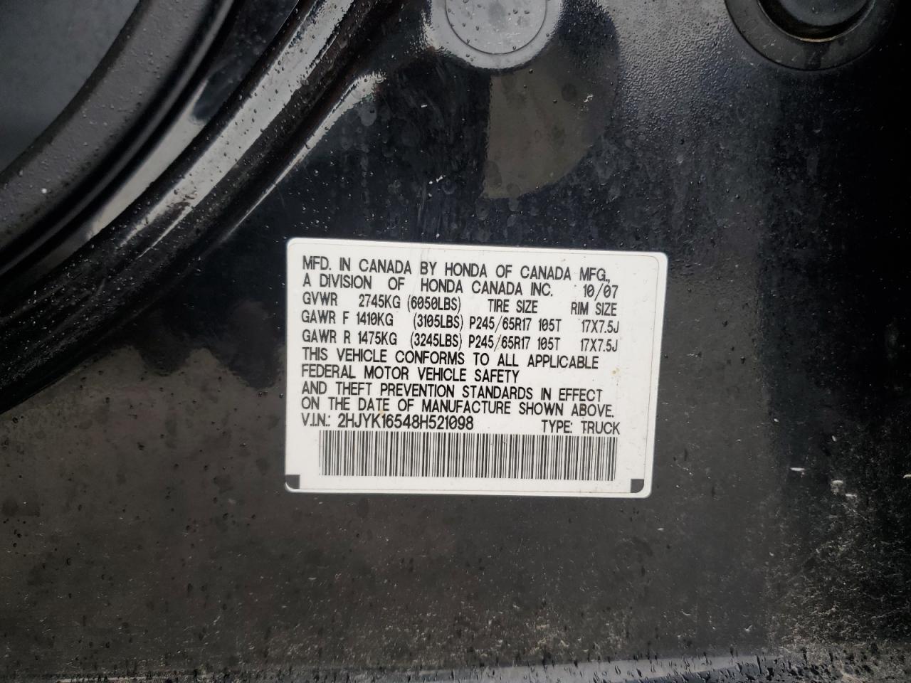 2008 Honda Ridgeline Rtl VIN: 2HJYK16548H521098 Lot: 69439295