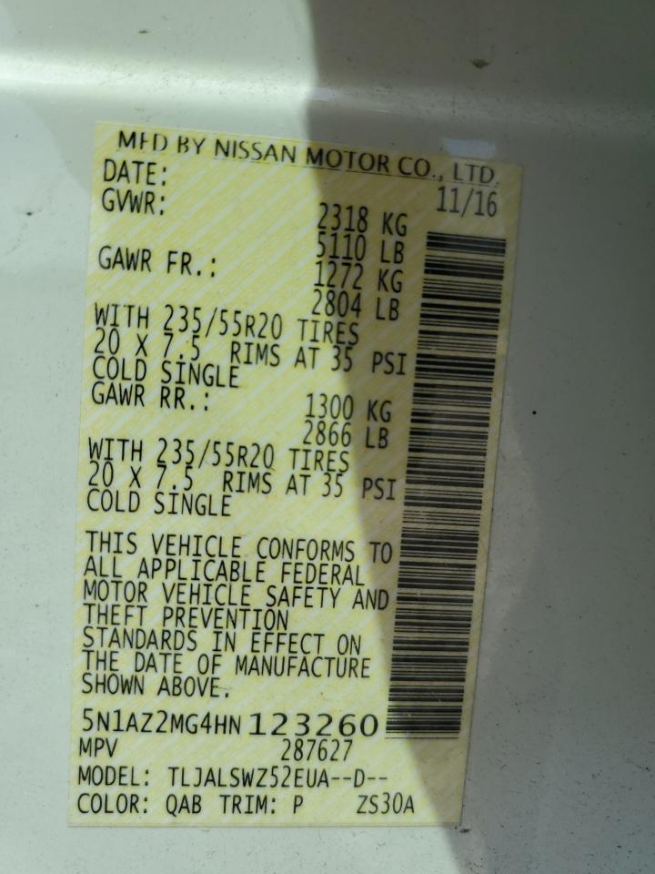 2017 Nissan Murano S VIN: 5N1AZ2MG4HN123260 Lot: 70687995