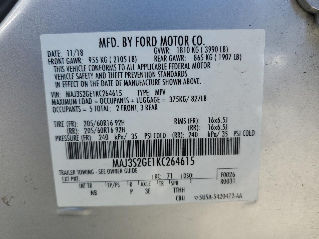 2019 Ford Ecosport Se VIN: MAJ3S2GE1KC264615 Lot: 70222085