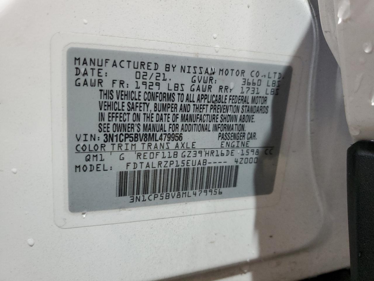 2021 Nissan Kicks S VIN: 3N1CP5BV8ML479956 Lot: 70541465