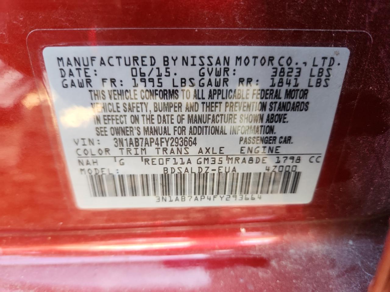 2015 Nissan Sentra S VIN: 3N1AB7AP4FY293664 Lot: 70658125