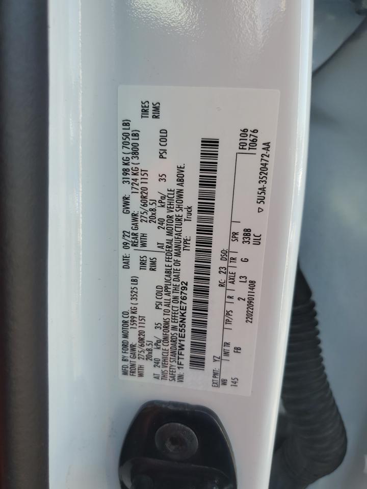 2022 Ford F150 Supercrew VIN: 1FTFW1E55NKE76792 Lot: 68947805