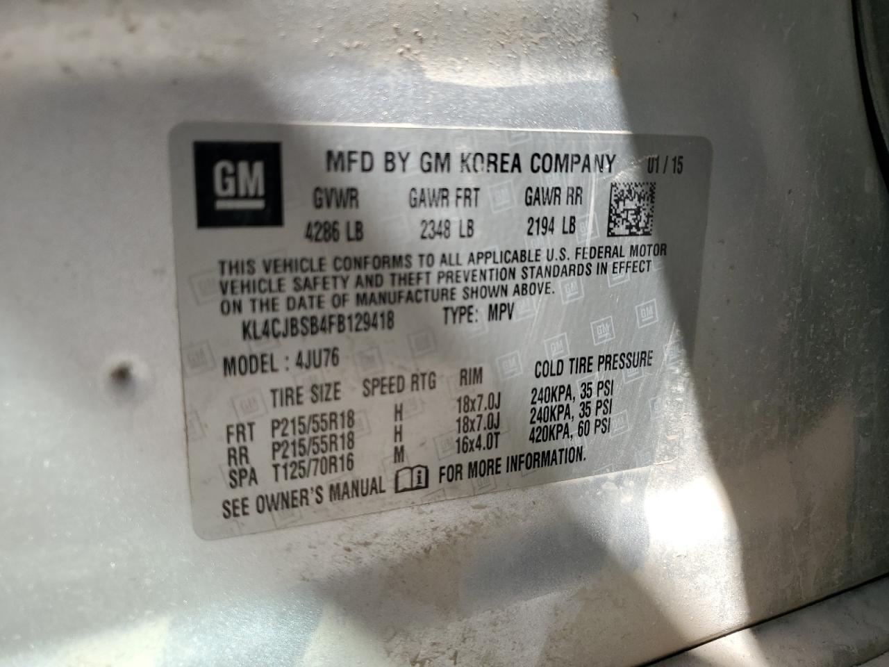 2015 Buick Encore Convenience VIN: KL4CJBSB4FB129418 Lot: 70710065