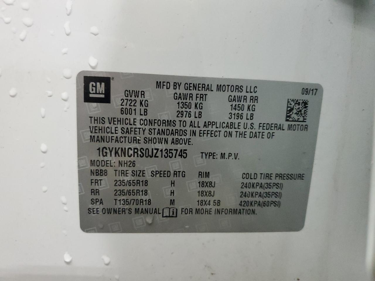 2018 Cadillac Xt5 Luxury VIN: 1GYKNCRS0JZ135745 Lot: 69428365