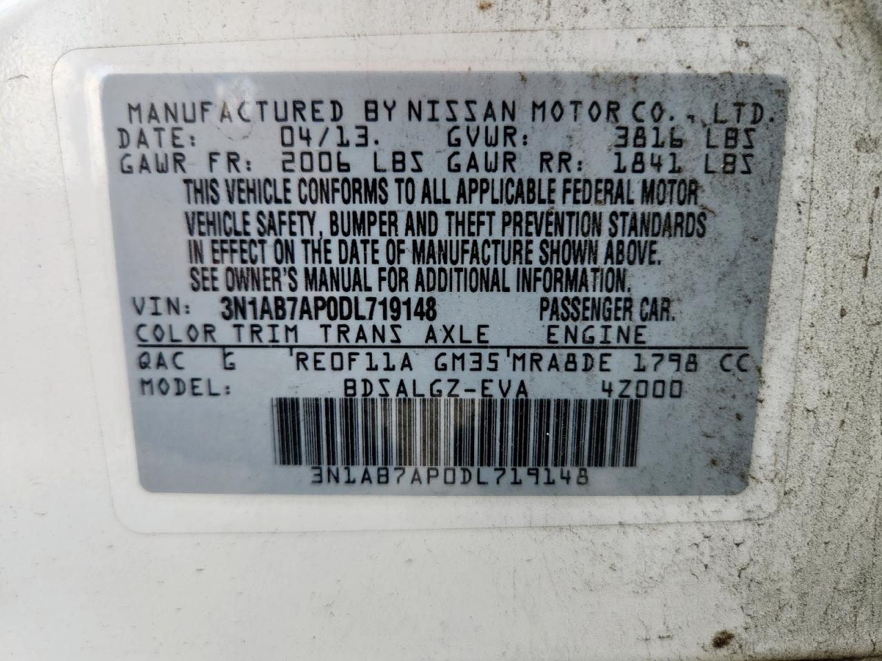 2013 Nissan Sentra S VIN: 3N1AB7AP0DL719148 Lot: 69685865