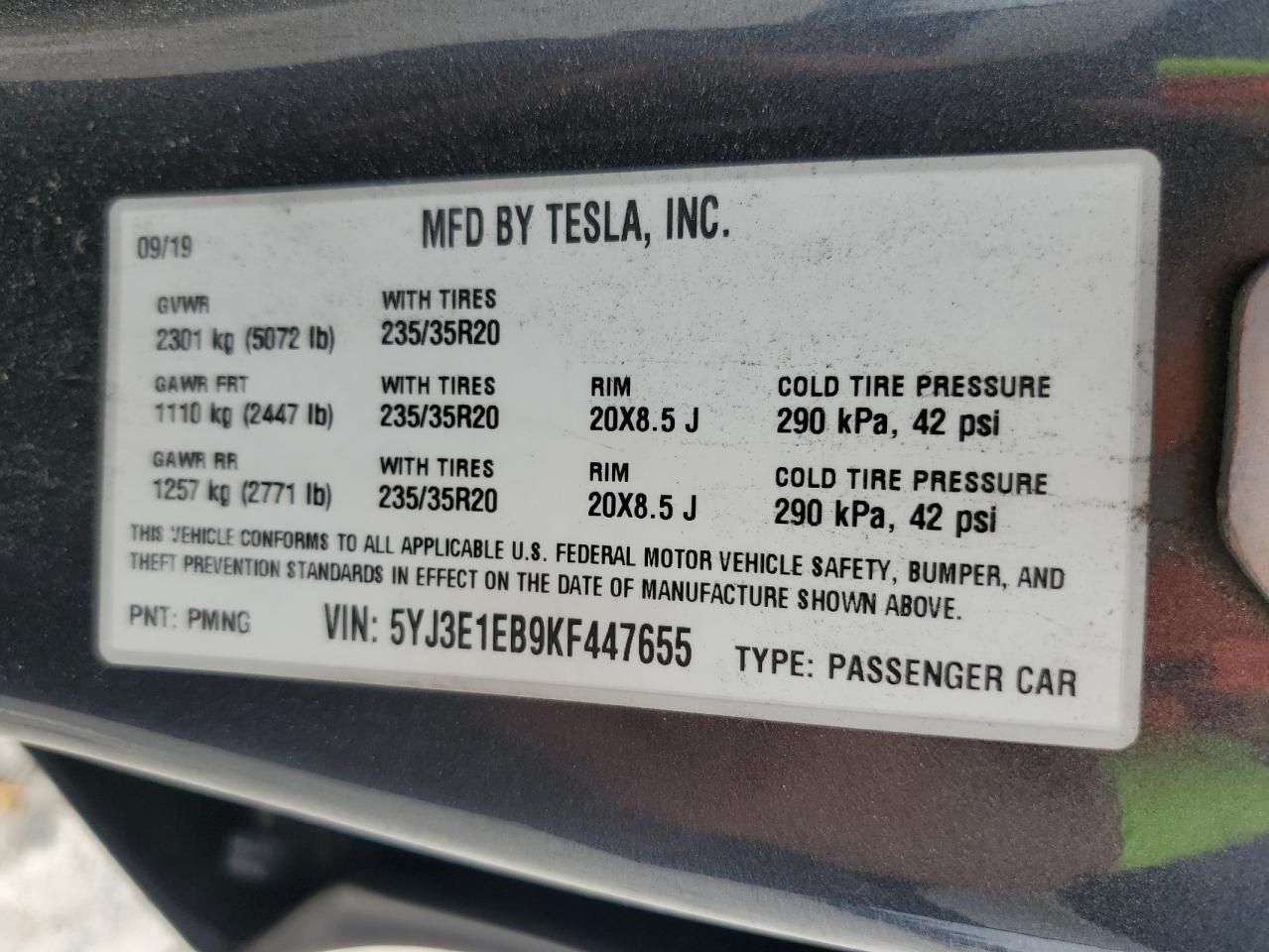 2019 Tesla Model 3 VIN: 5YJ3E1EB9KF447655 Lot: 70415185