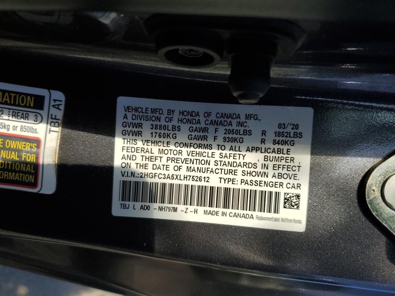 2020 Honda Civic Si VIN: 2HGFC3A5XLH752612 Lot: 67273915