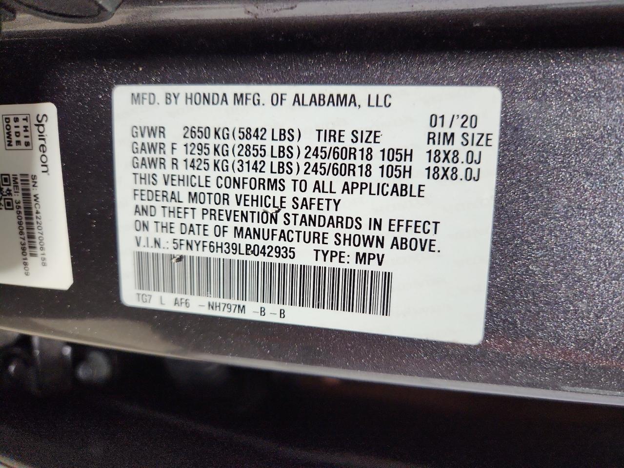 2020 Honda Pilot Ex VIN: 5FNYF6H39LB042935 Lot: 69701765