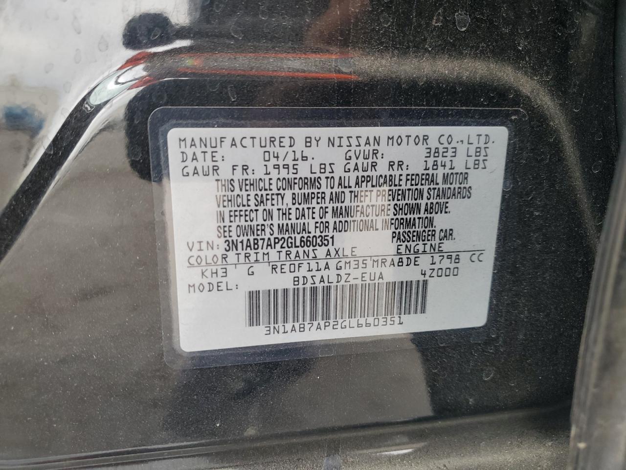 2016 Nissan Sentra S VIN: 3N1AB7AP2GL660351 Lot: 70393965