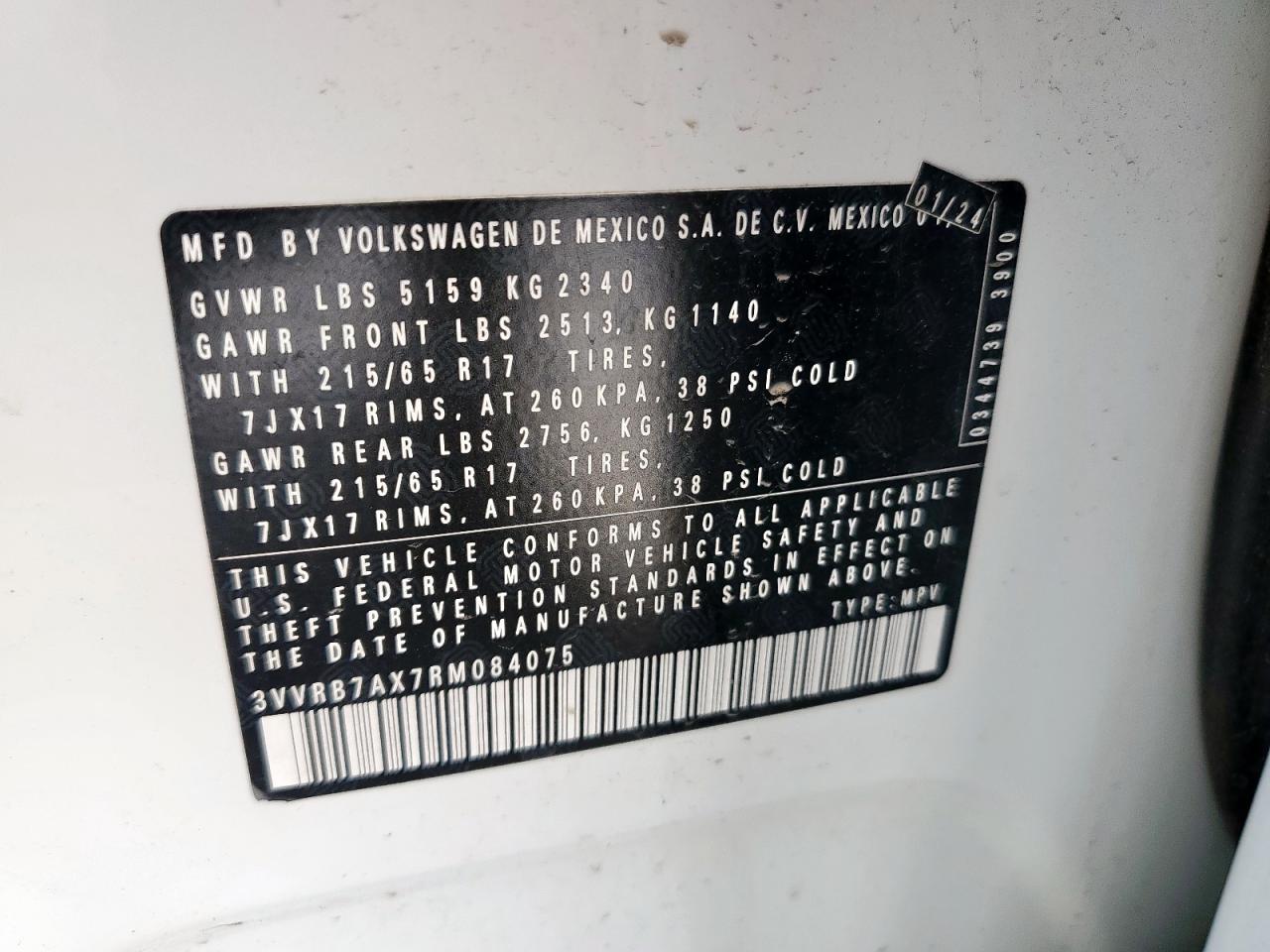 2024 Volkswagen Tiguan S VIN: 3VVRB7AX7RM084075 Lot: 68089705