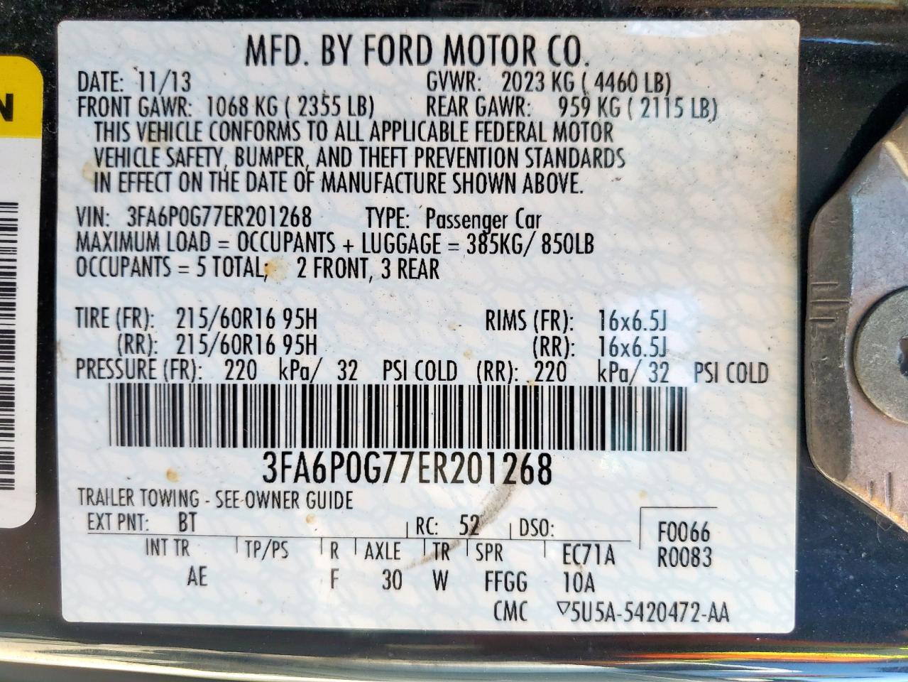 2014 Ford Fusion S VIN: 3FA6P0G77ER201268 Lot: 68050575