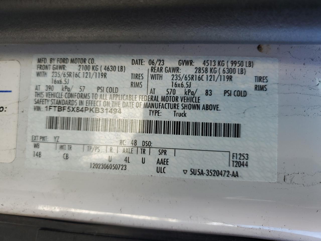 2023 Ford Transit T-350 Hd VIN: 1FTBF5X84PKB31494 Lot: 69355945