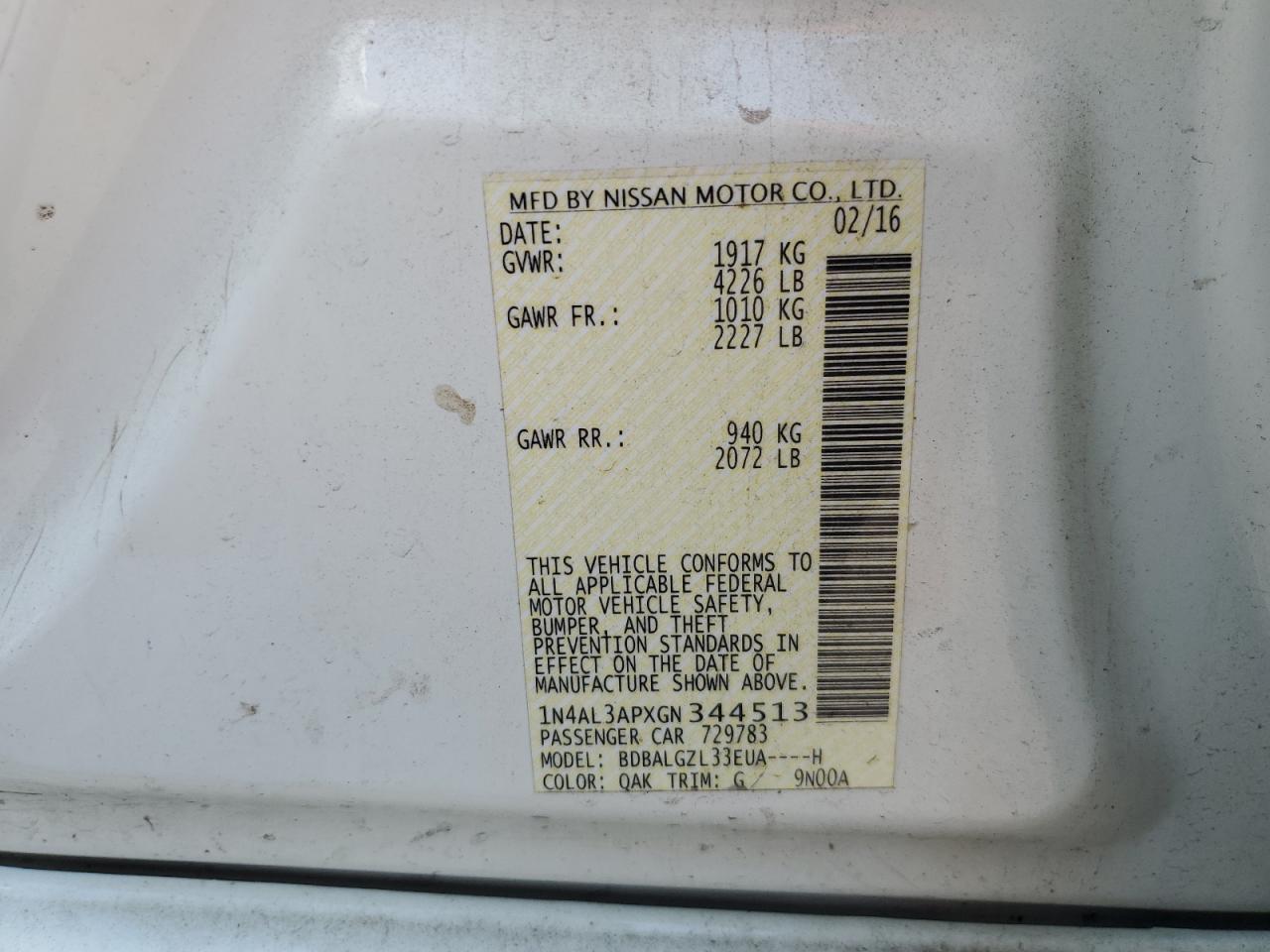 2016 Nissan Altima 2.5 VIN: 1N4AL3APXGN344513 Lot: 68714695