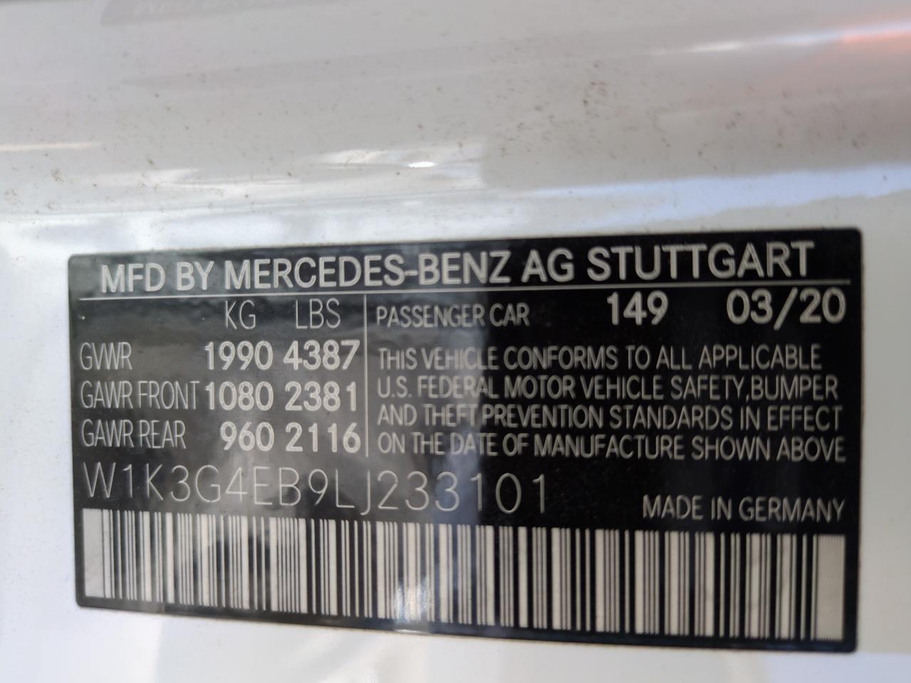 2020 Mercedes-Benz A 220 VIN: W1K3G4EB9LJ233101 Lot: 68552845