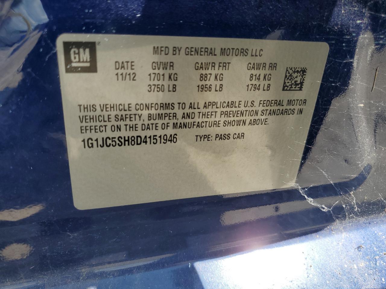 2013 Chevrolet Sonic Lt VIN: 1G1JC5SH8D4151946 Lot: 67515015