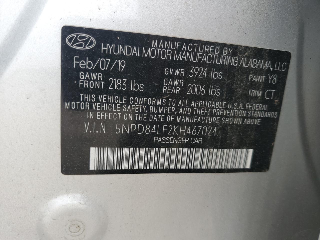 2019 Hyundai Elantra Sel VIN: 5NPD84LF2KH467024 Lot: 67611675