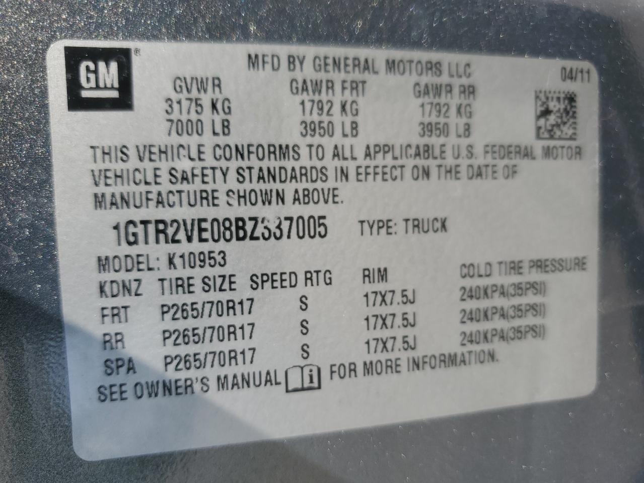 2011 GMC Sierra K1500 Sle VIN: 1GTR2VE08BZ337005 Lot: 68271025