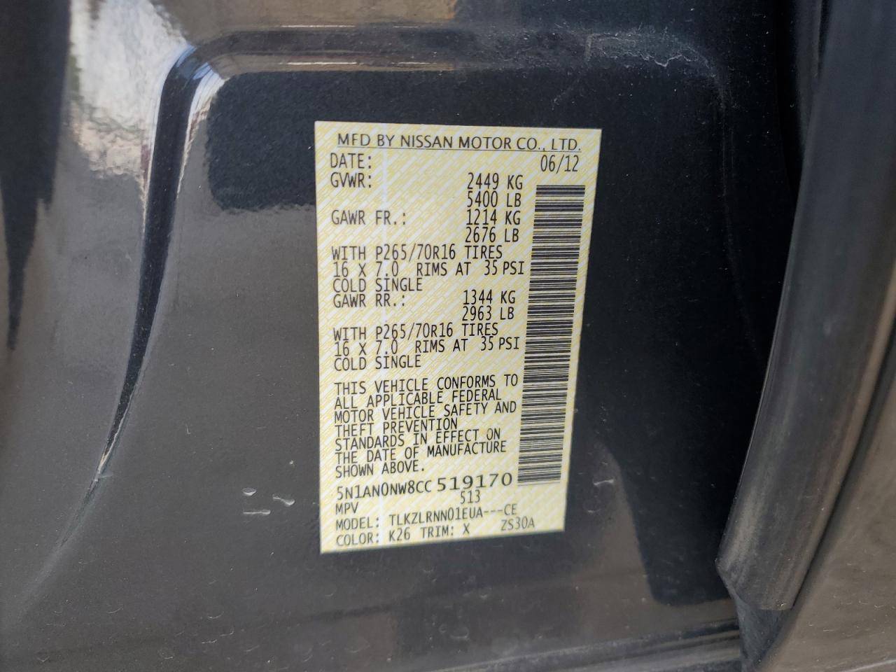 2012 Nissan Xterra Off Road VIN: 5N1AN0NW8CC519170 Lot: 69350385