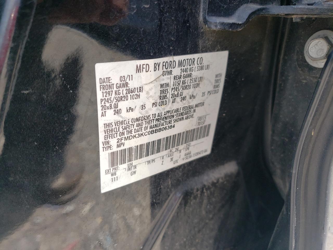 2011 Ford Edge Limited VIN: 2FMDK3KC0BBB06384 Lot: 67223225