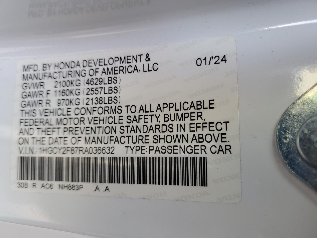 2024 Honda Accord Touring Hybrid VIN: 1HGCY2F87RA036632 Lot: 67983675