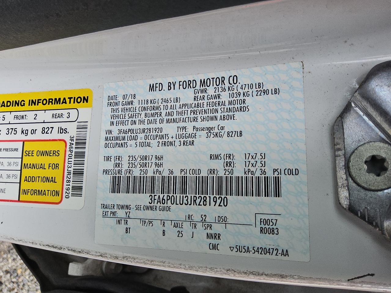 2018 Ford Fusion Se Hybrid VIN: 3FA6P0LU3JR281920 Lot: 55084425