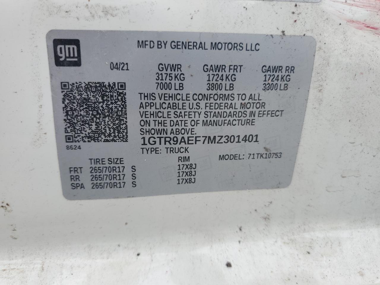 2021 GMC Sierra K1500 VIN: 1GTR9AEF7MZ301401 Lot: 70343215