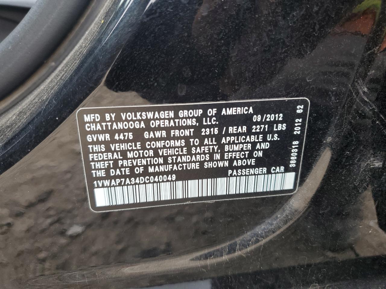 2013 Volkswagen Passat S VIN: 1VWAP7A34DC040049 Lot: 69044995