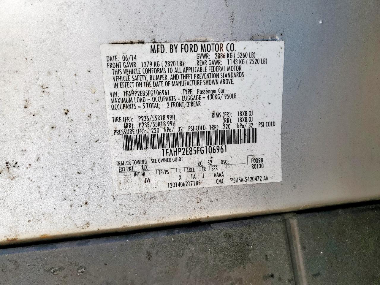 2015 Ford Taurus Sel VIN: 1FAHP2E85FG106961 Lot: 68794225